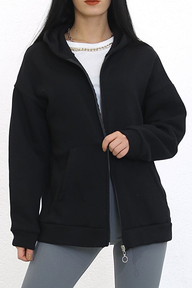 Kapüşonlu Fermuarlı Sweat Siyah - 3