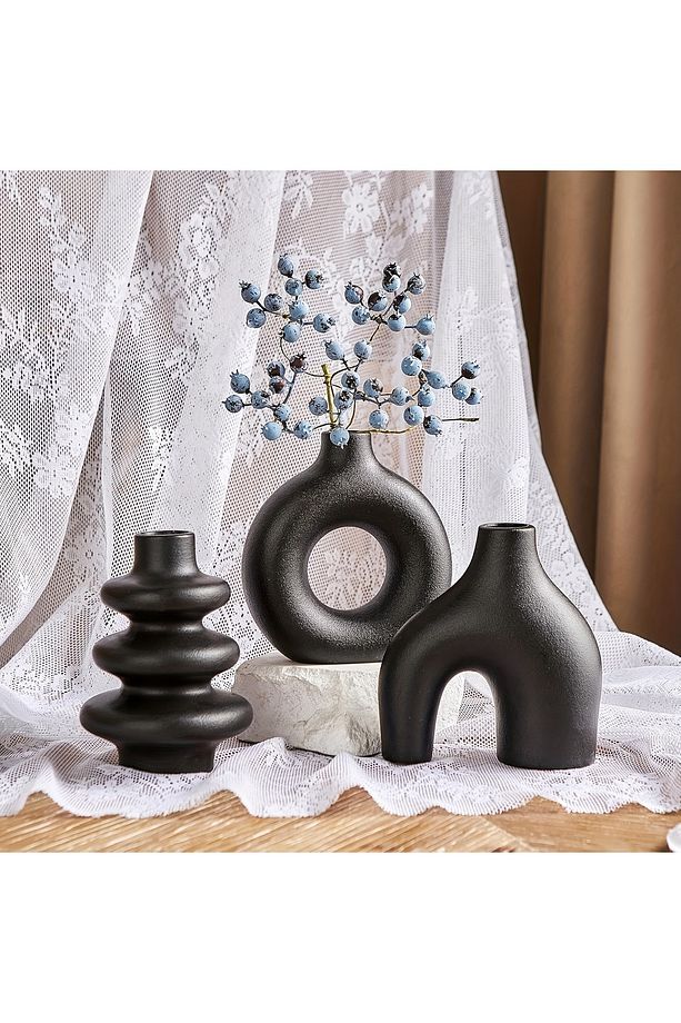 Minimal Biblo Set,  3'lü Siyah Dekoratif Bohem Minyatür Vazo - 3