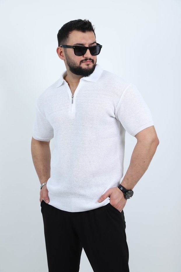 Men's White Polo Neck Zip Short Sleeve Knitwear T-Shirt