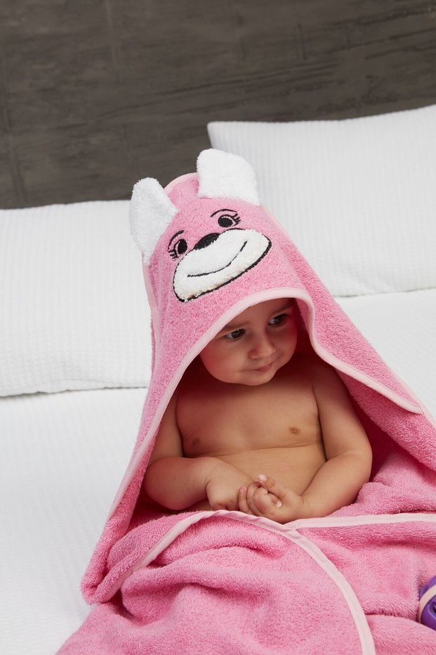 Pupy Bear Cotton Hooded Girl-Boy Newborn Baby Swaddle Towel Embroidered Pink 100X100Cm
