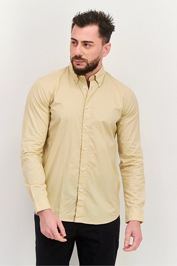 Men Regular Fit Embroidered Logo Long Sleeves Casual Shirt, Light Beige