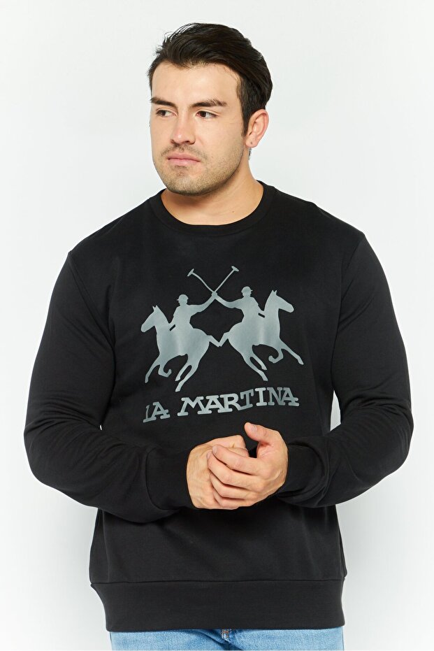 Men Crew Neck Brand Logo Long Sleeves Sweatshirt, Black