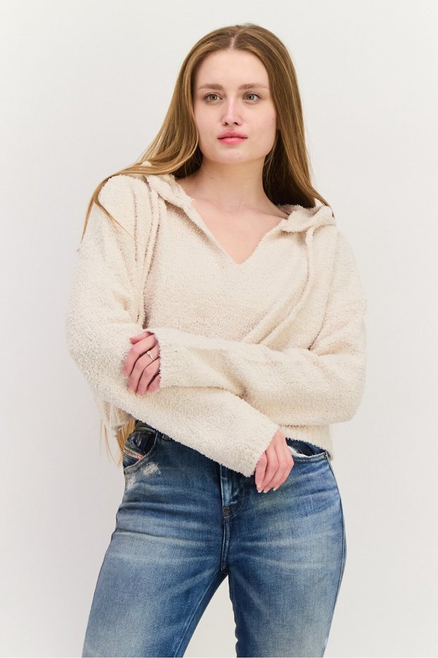 Women Hooded Long Sleeves Sweater, Beige