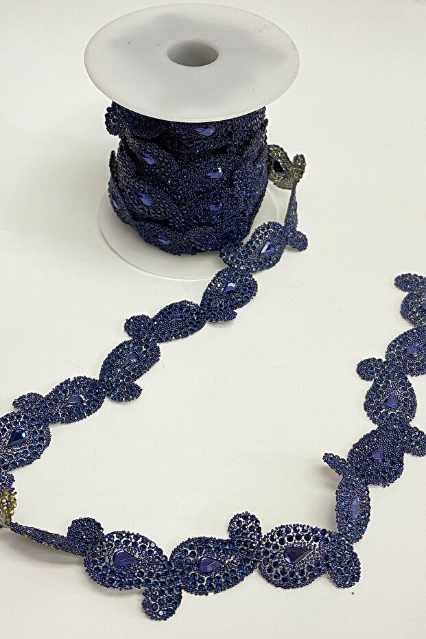 Lacivert Şal Desen Ütüyle Yapışan Şerit Taş Aplik - 1