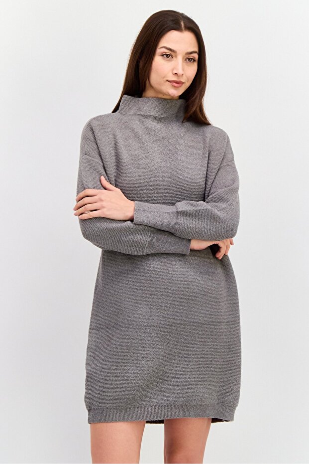 Women Textured Sweater Dress, Grey