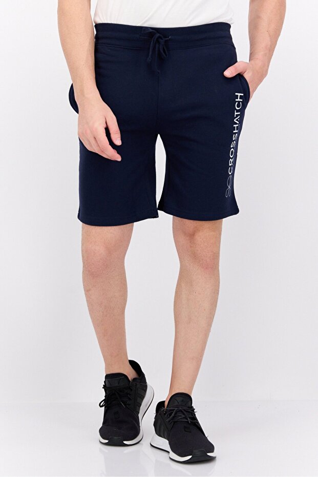 Men Drawstring Brand Logo Basic Shorts, Navy - 1