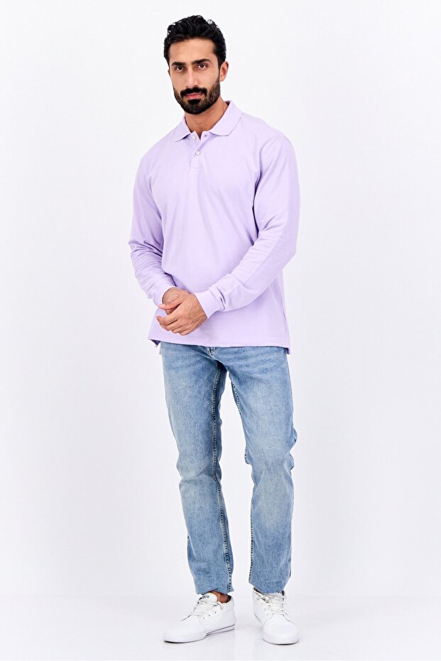 Men Regular Fit Solid Full Sleeves Polo, Lilac - 3
