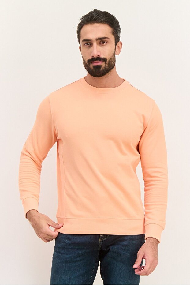 Men Crew Neck Solid Long Sleeves Sweatshirt, Orange