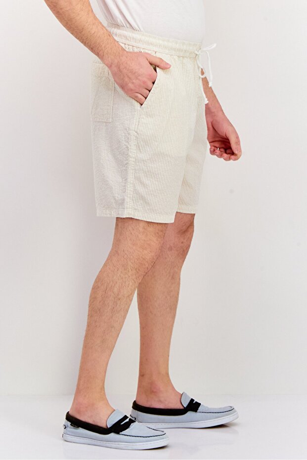 Men Striped Basic Shorts, Beige - 2