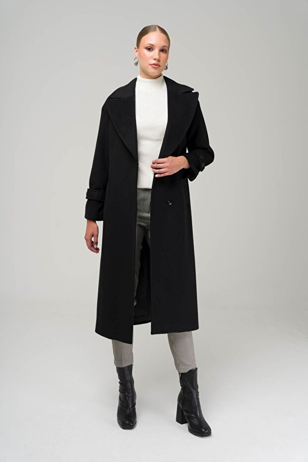 Low Sleeve Oversize Coat with Snap Snap Closure Sleeve Placket BLACK 3933