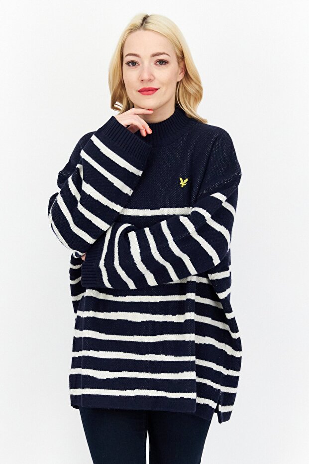 Women High Neck Long Sleeve Stripe Sweater, White