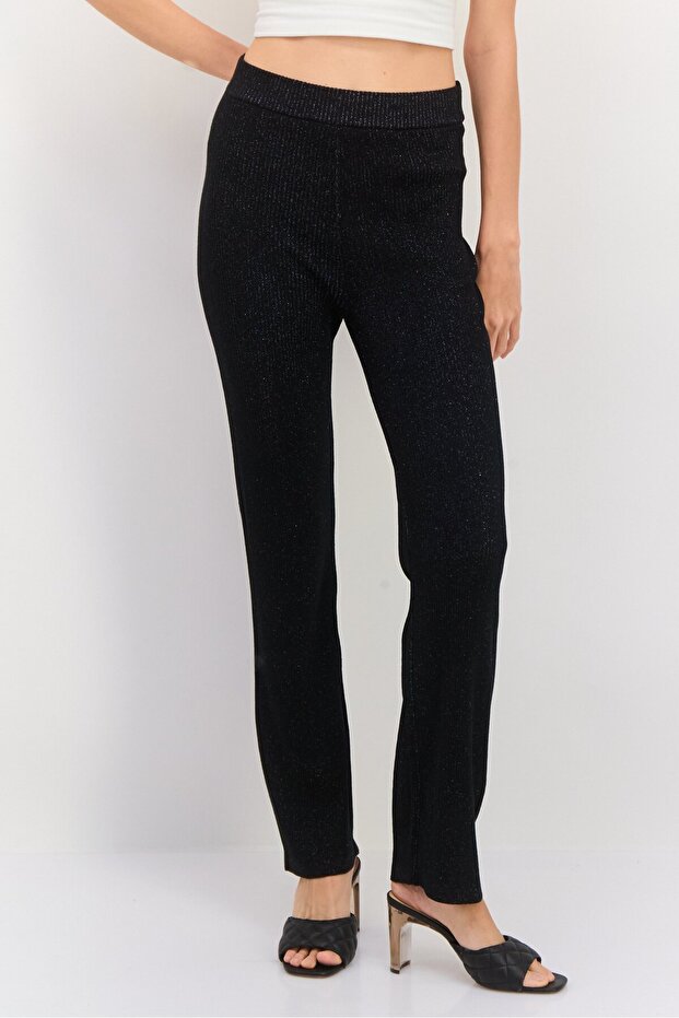 Women Regular Fit Knitted Straight Leg Pants, Black