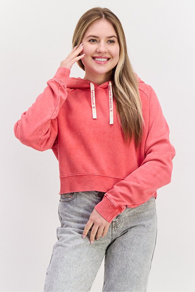Women Hooded Graphic Print Sweatshirt, Red