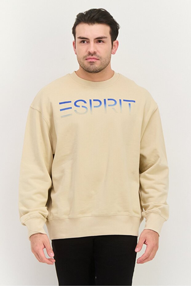Men Crew Neck Long Sleeves Brand Logo Sweatshirt, Beige