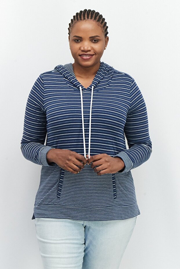 Women Drawstring Stripe Long Sleeve Hooded Sweatshirt, Navy