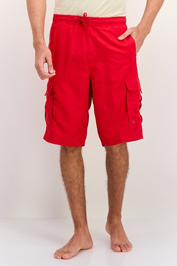 Men Drawstring Plain Print Swim Shorts, Red