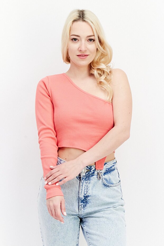 Women Asymmetrical Neck One-Shoulder Sleeve Ribbed Top, Coral