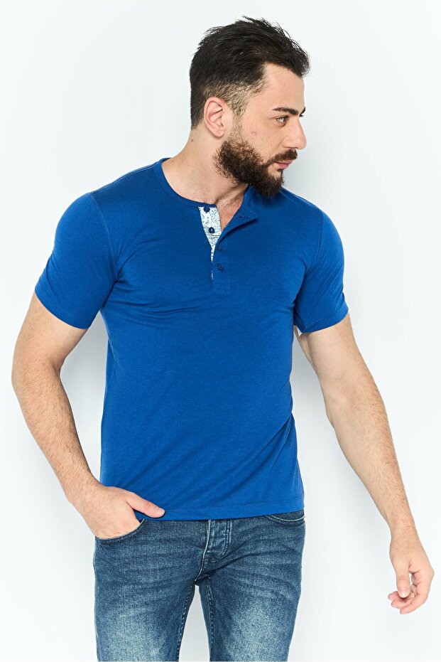 تي شيرت رجالي سادة بأكمام قصيرة وياقة واقفة، أزرق - 1
