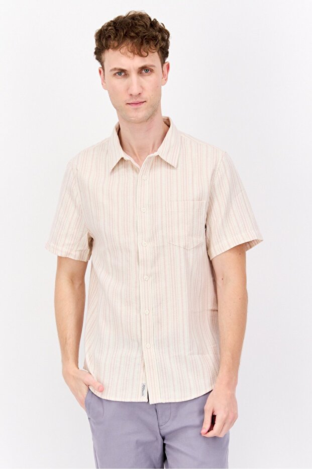 Men Regular Fit Stripe Short Sleeve Casual Shirt, Beige