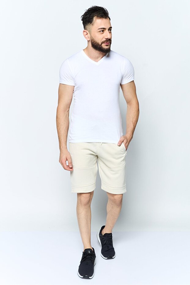 Men Brand Logo Basic Shorts, Beige - 4
