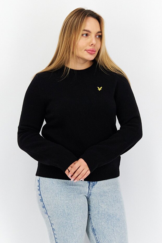 Women Crew Neck Embroidered Logo Knitted Sweater, Black