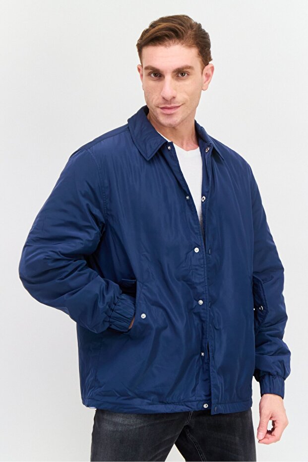 Men Solid Bomber Jacket, Navy - 1