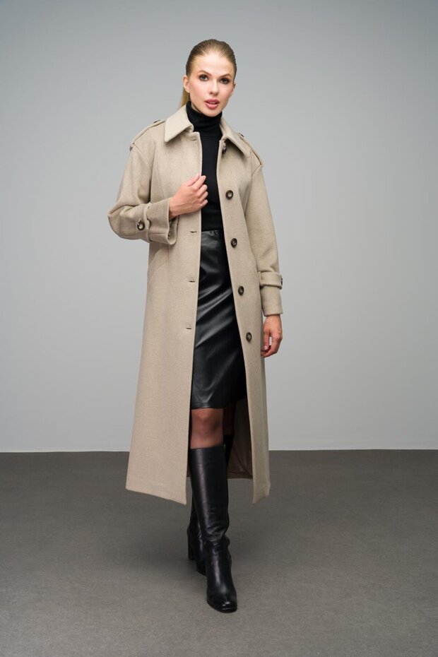 Oversize Long Coat with Shirt Collar and Epaulet Detail Stone 3064