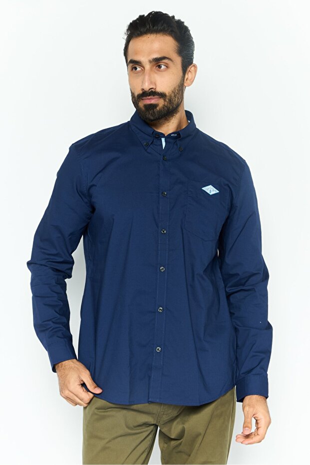 Men Regular Fit Solid Long Sleeves Casual Shirt, Navy