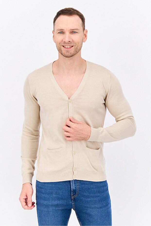 Men V Neck Long Sleeve Textured Cardigan, Beige