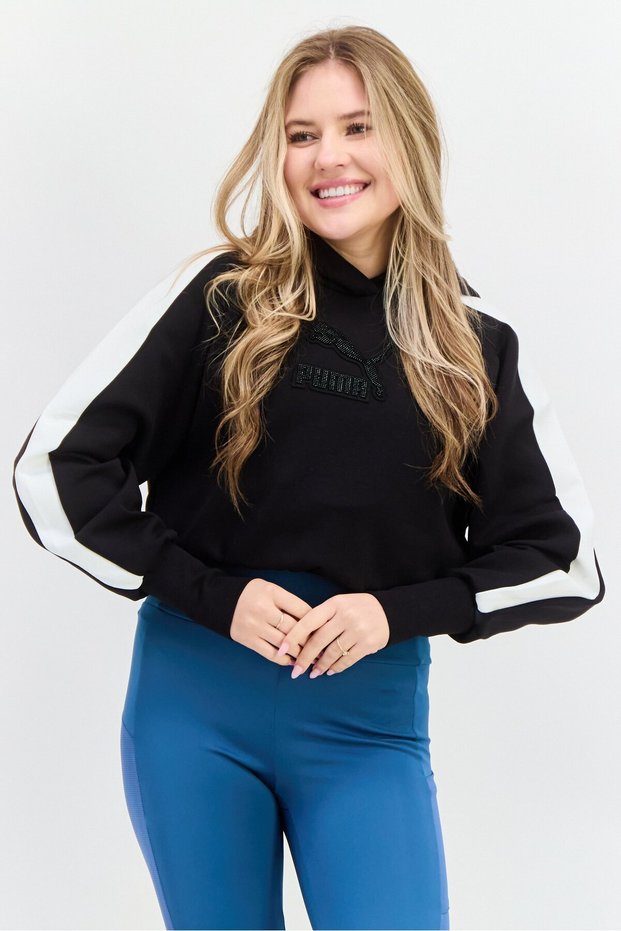 Women Sportswear Fit Long Sleeve Outdoor Hooded Bodysuit, Black