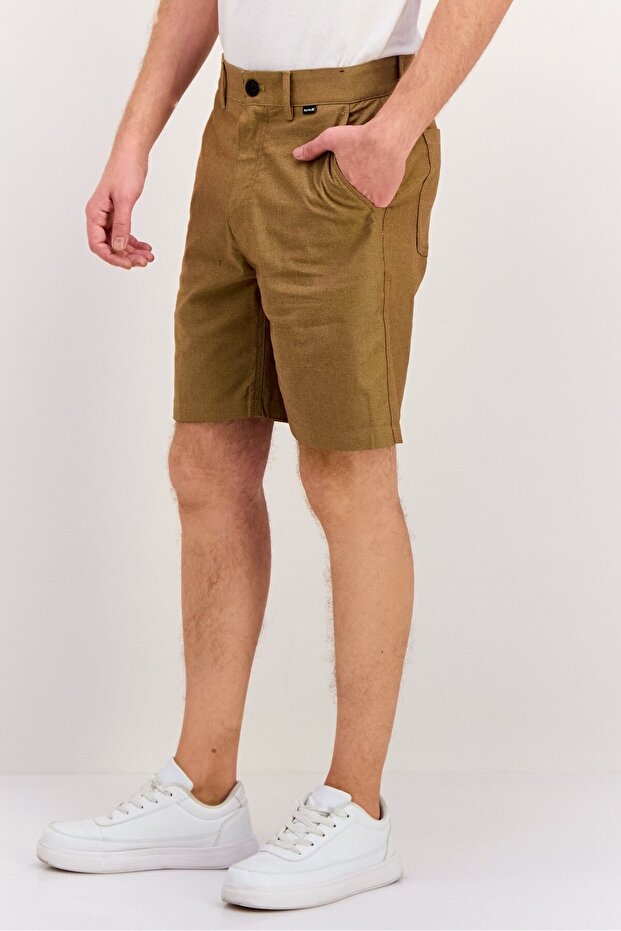 Men Textured Basic Shorts, Tan - 2