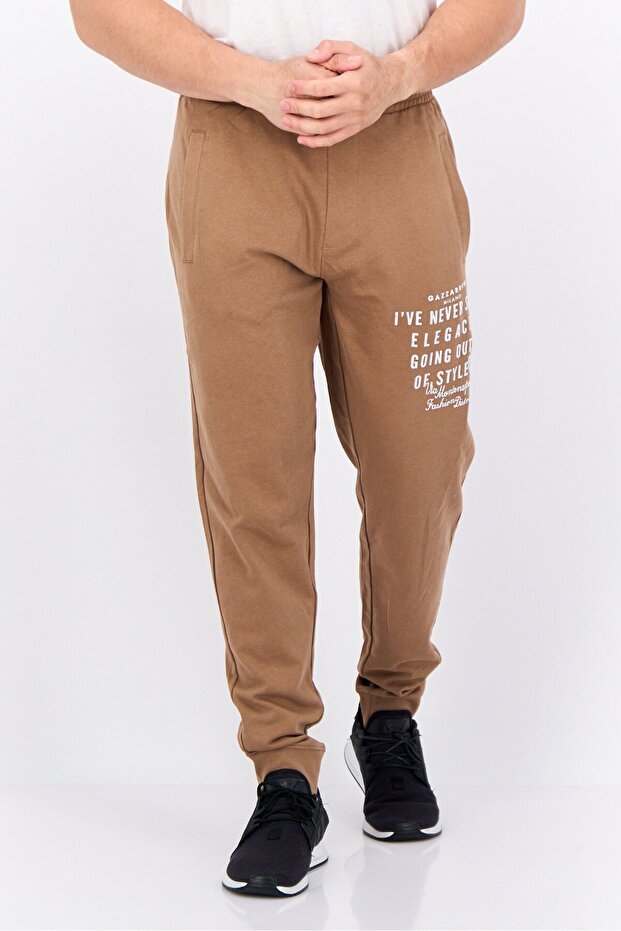 Men Printed Drawstring Basic Jogger Pants, Brown - 1