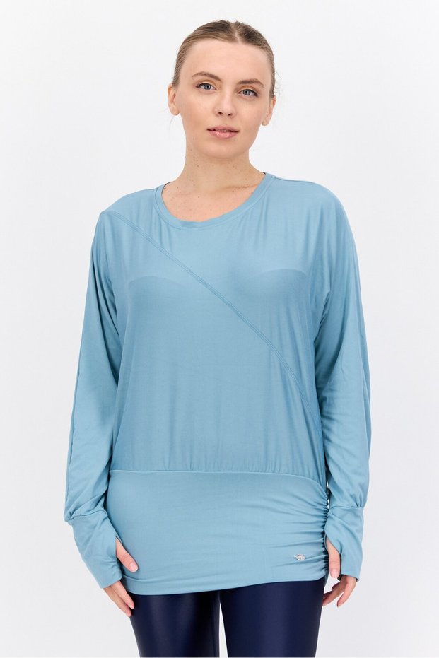 Women Sportswear Fit Plain Long Sleeves Outdoors Top, Mint Blue