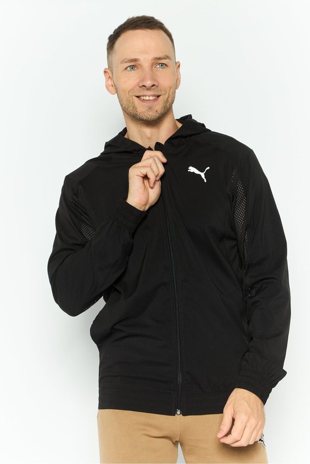 Men Sportswear Fit Brand Logo Outdoor Hooded Jacket, Black