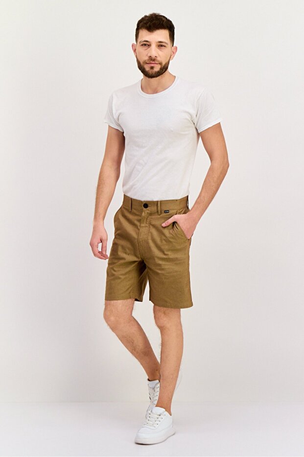Men Textured Basic Shorts, Tan - 4