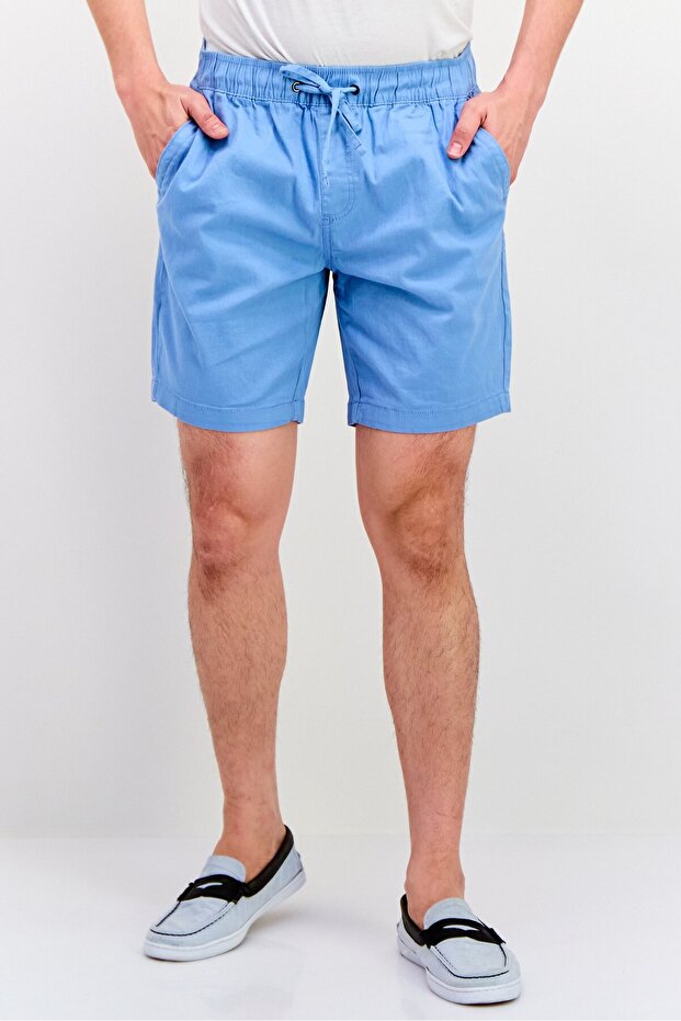 Men Drawstring Plain Basic Shorts, Blue - 1