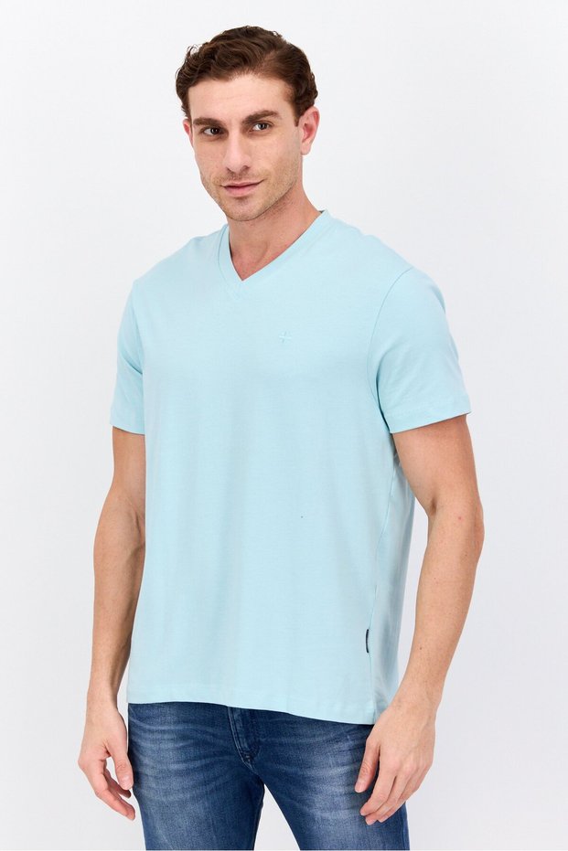 Men V Neck Short Sleeves Brand Logo T-Shirt, Turquoise