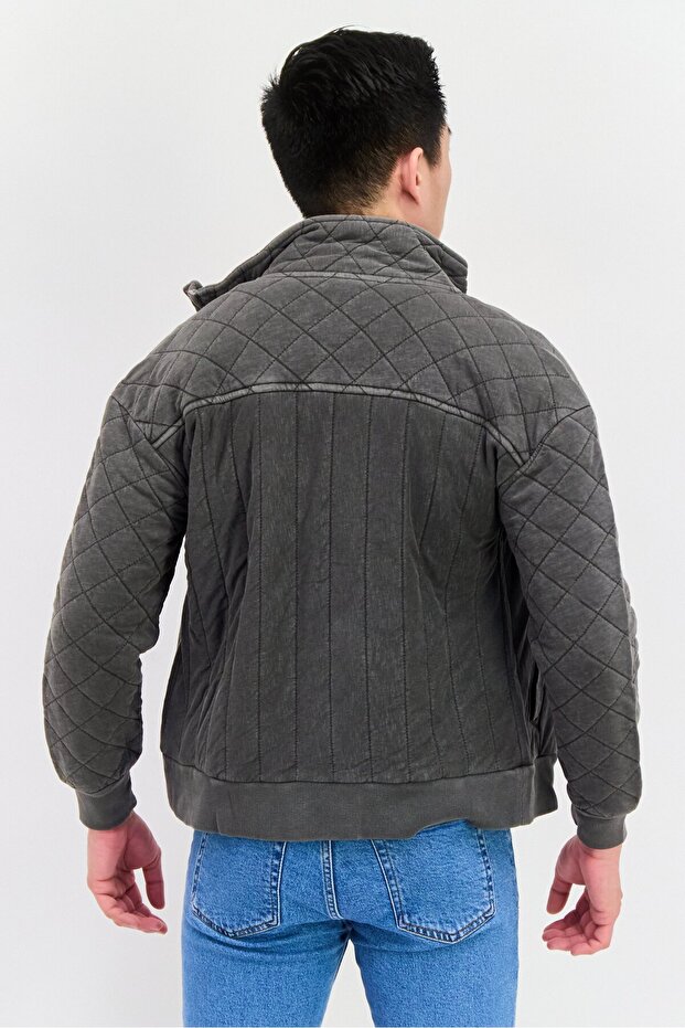 جاكيت رجالي من الجلد الناعم بنقشة ماسية، رمادي غامق - 4