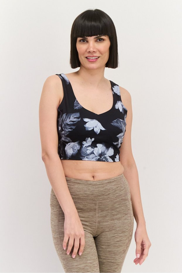 Women Floral Print Padded Sports Bra, Black
