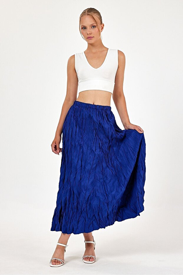 Women's Cobalt Blue Pleated Crinkle Fabric Maxi Skirt