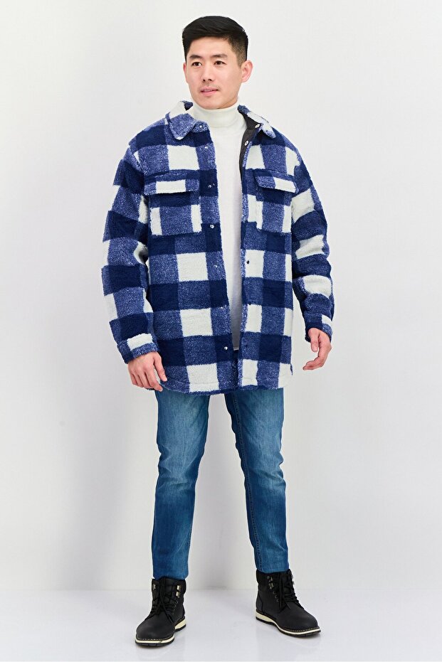 Men Oversized Check Print Softshell Jacket, Navy - 4