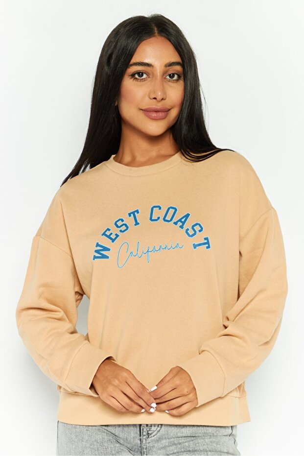 Women Crew Neck Graphic Print Long Sleeves Sweatshirt, Tan