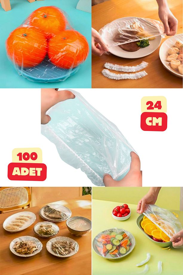 100 Adet 24 Cm Tabak Tencere Koruma Bonesi Lastikli Tazelik Koruyucu Çok Amaçlı Mutfak Poşeti - 1