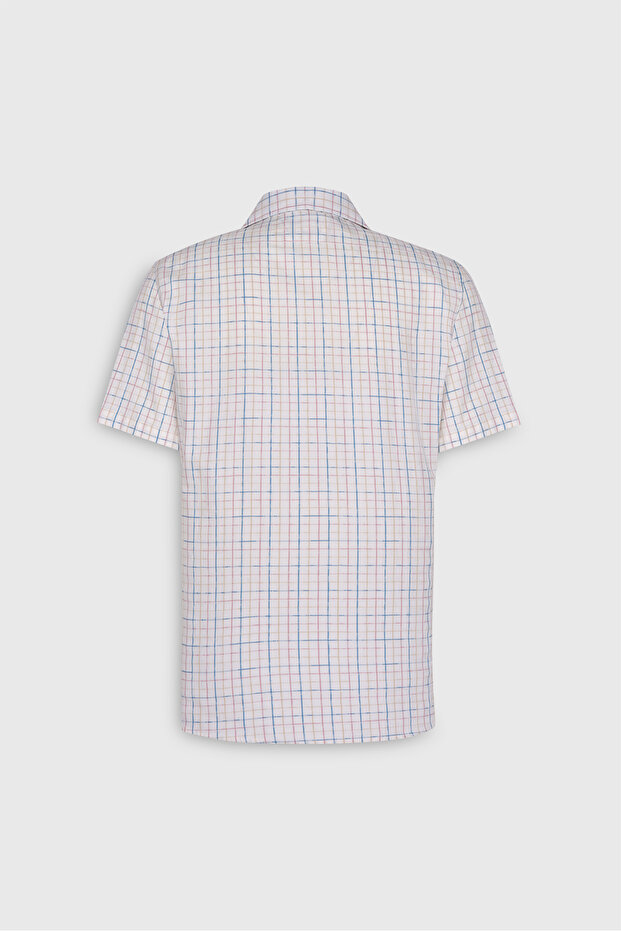 Erkek Ekru-Mavi Slim Fit Dar Kesim %100 Pamuk Kuba Yaka Çizgili Gömlek - 4