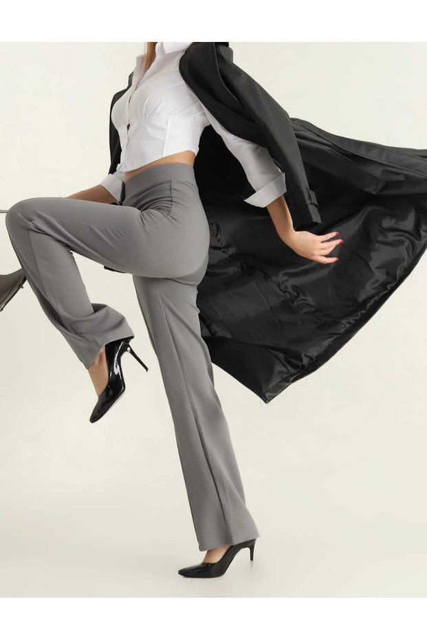 Women's Crepe Fabric Lycra Front-Waist High-Waisted Palazzo Trousers-Grey