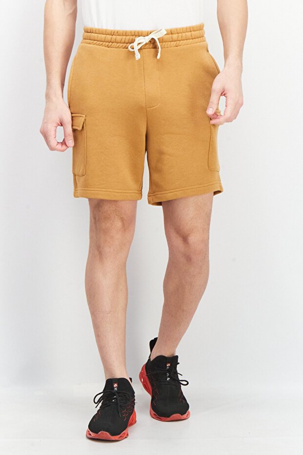 Men Plain Drawstring Basic Shorts, Camel - 1
