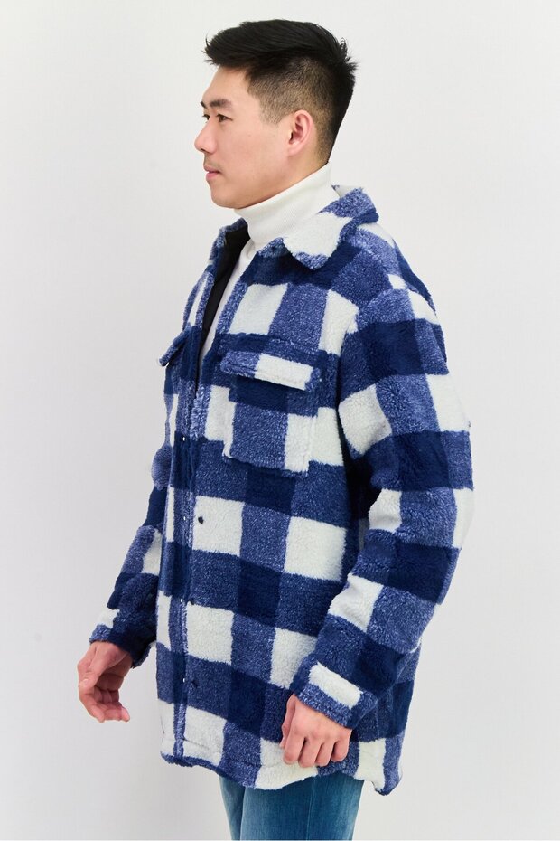 Men Oversized Check Print Softshell Jacket, Navy - 2