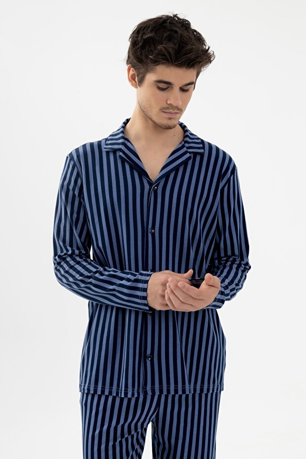 Men's Blue Striped Cotton Combination Shirt Collar Pajama Set