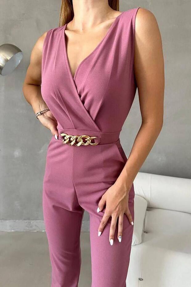 Gül Kurusu İthal Krep Kumaş Zincir Detaylı Tulum - 1