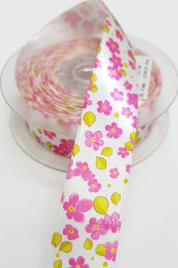 Pink Floral Printed Satin Ribbon 2.5cm